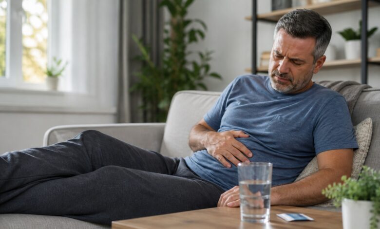Mann ruht mit Magen-Darm-Beschwerden und einem Glas Wasser auf dem Sofa