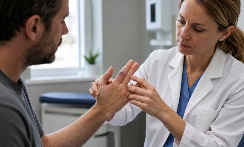 Ärztin untersucht einen geschwollenen Finger nach einer Verletzung