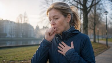 Frau hustet beim Einatmen an einem kühlen Morgen
