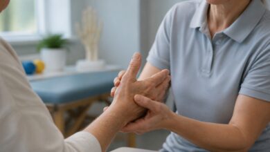 Therapeutin untersucht das Daumensattelgelenk einer älteren Patientin
