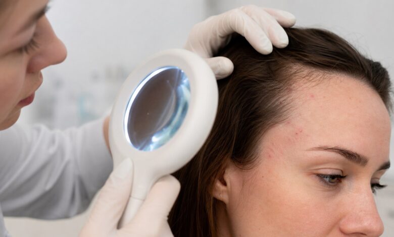 Dermatologin untersucht Pickel am Haaransatz