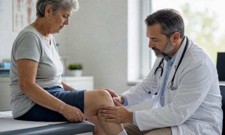 Arzt untersucht das Knie einer älteren Patientin bei Verdacht auf Pseudogicht