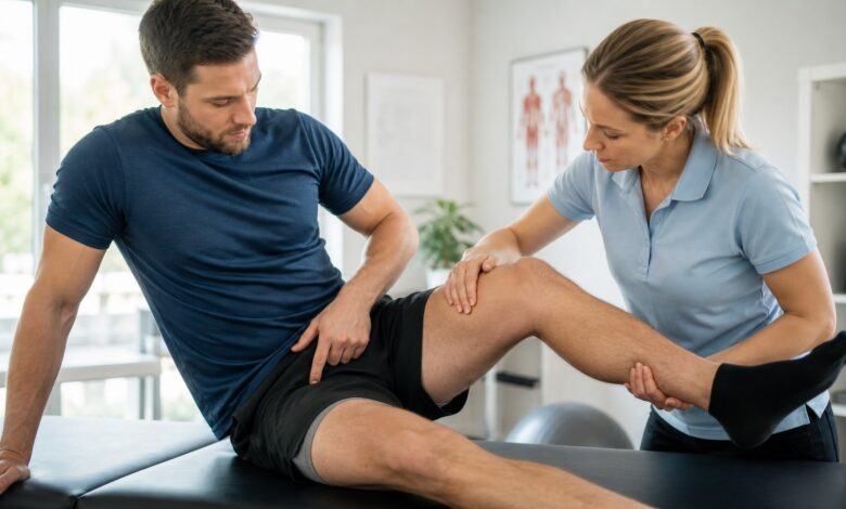 Physiotherapeutin untersucht bei einem Sportler Schmerzen in der Leiste