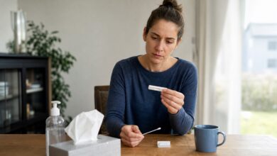 Frau betrachtet zu Hause das Ergebnis eines Corona-Antigen-Selbsttests