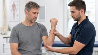 Orthopäde prüft die Armfunktion bei Verdacht auf Bizepssehnenriss