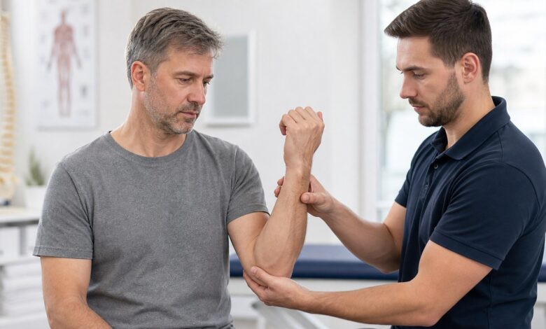 Orthopäde prüft die Armfunktion bei Verdacht auf Bizepssehnenriss