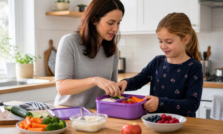 Mutter und Kind packen eine glutenfreie Lunchbox für die Schule