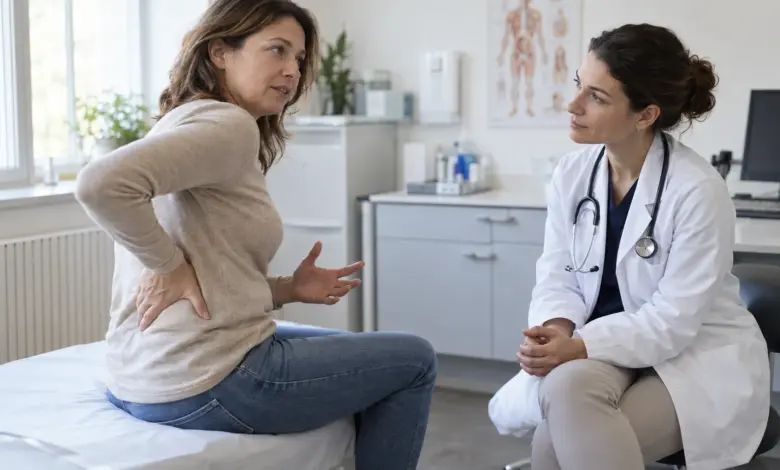 Patientin beschreibt einer Ärztin Schmerzen in der Flanke