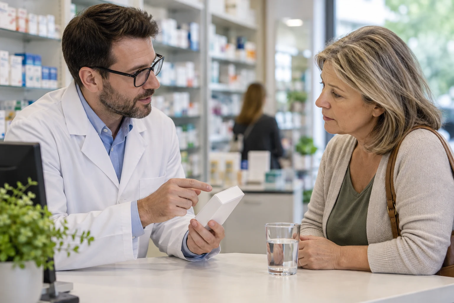 Apotheker bespricht mit einer Kundin die sichere Anwendung eines Medikaments