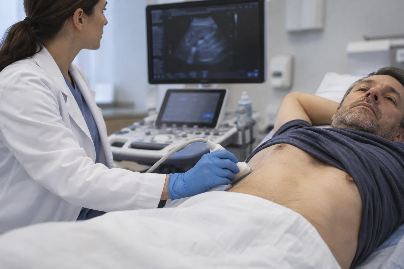 Ärztliche Ultraschalluntersuchung an der seitlichen Bauchregion eines Patienten