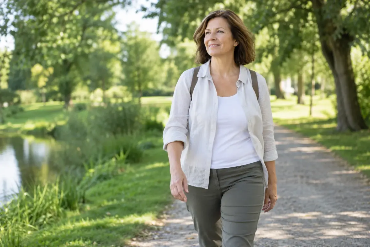 Frau geht im grünen Park spazieren