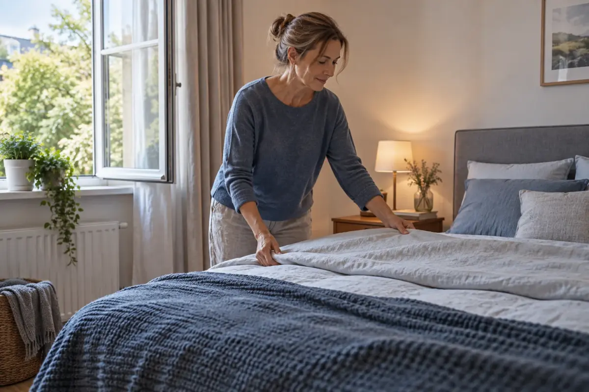 Frau bereitet ein Bett in einem ruhigen Schlafzimmer vor