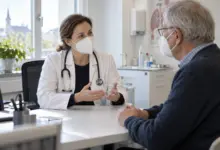Ärztin und Patient mit Atemschutzmasken bei einer Beratung