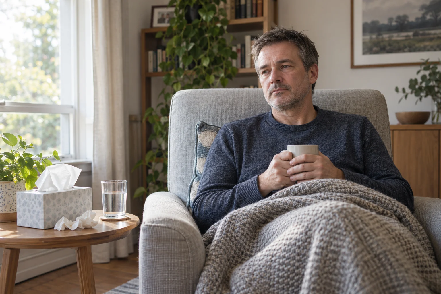 Mann ruht mit einer Decke im Sessel
