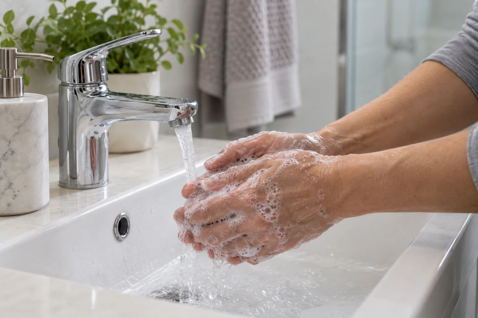 Hände werden mit Wasser und Seife gewaschen