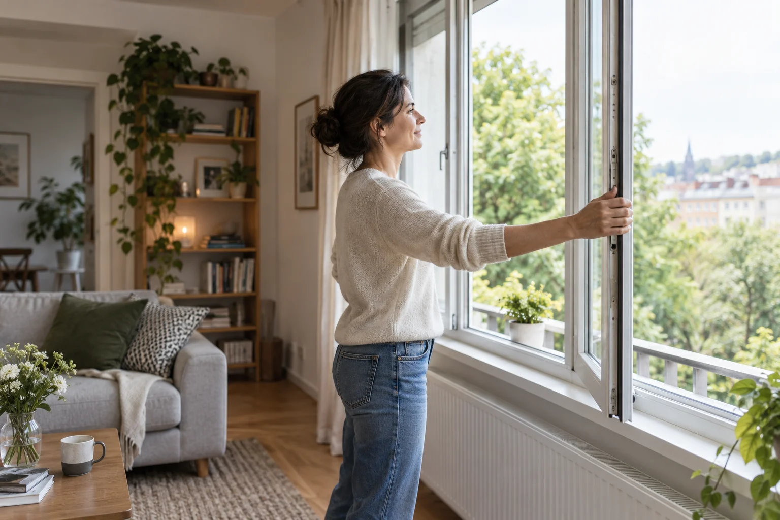 Frau öffnet ein Fenster zum Lüften eines Wohnraums