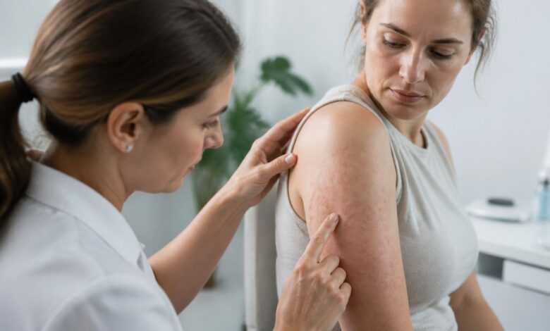 Dermatologische Untersuchung eines Hautausschlags bei Röschenflechte