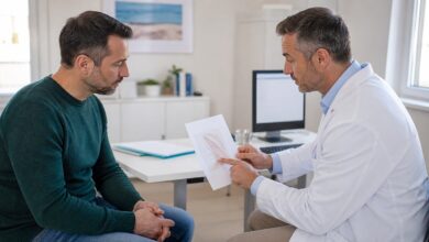 Vertrauliches ärztliches Gespräch über Veränderungen an der Eichel