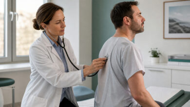 Ärztin hört bei Rückenschmerzen beim Atmen den oberen Rücken eines Patienten ab