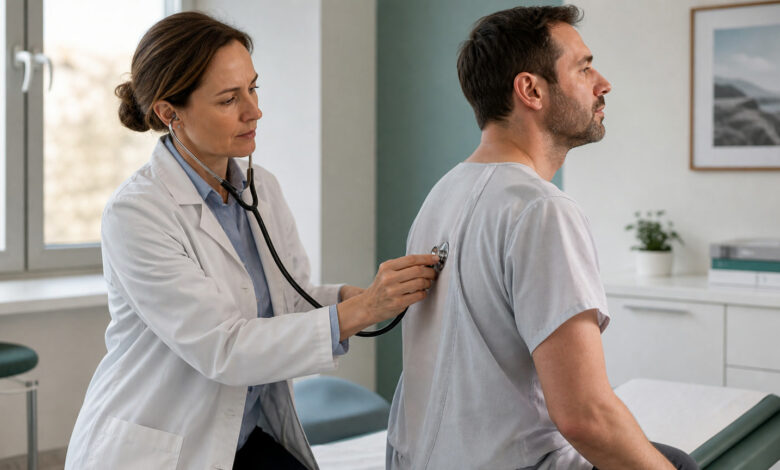 Ärztin hört bei Rückenschmerzen beim Atmen den oberen Rücken eines Patienten ab