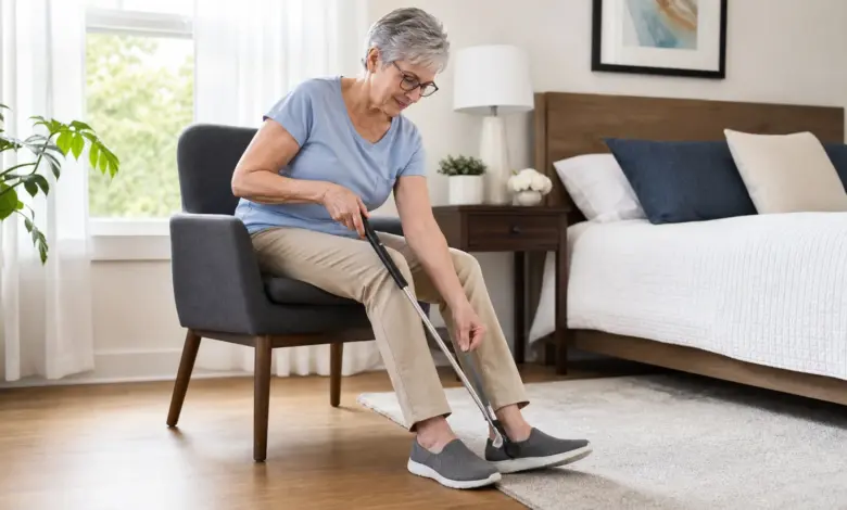 Sicher Schuhe anziehen nach einer Hüft-OP