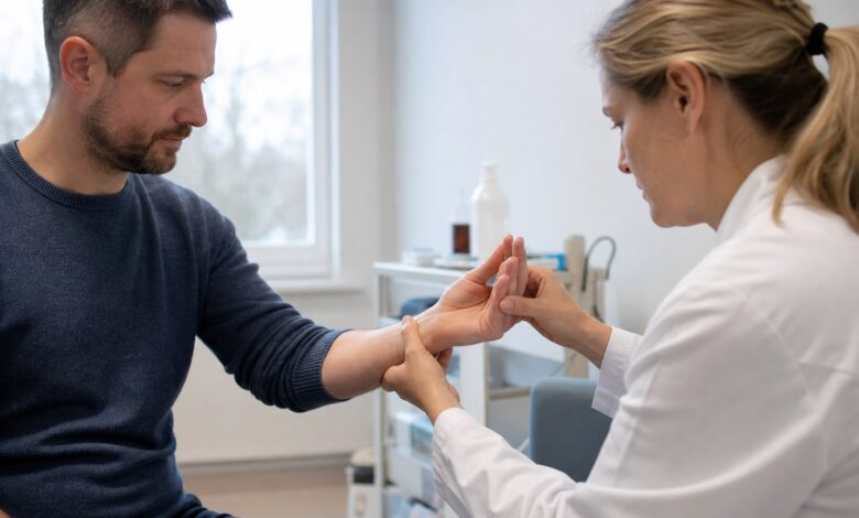 Ärztliche Untersuchung bei Sehnenscheidenentzündung am Handgelenk