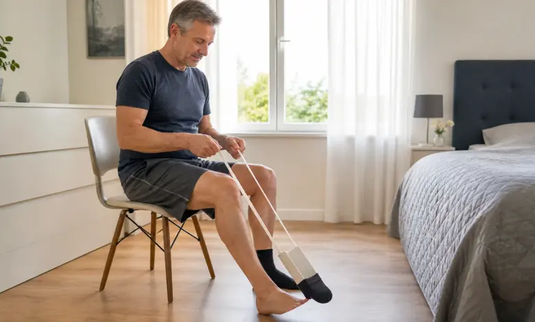 Socke mit Anziehhilfe nach einer Bandscheiben-OP anziehen