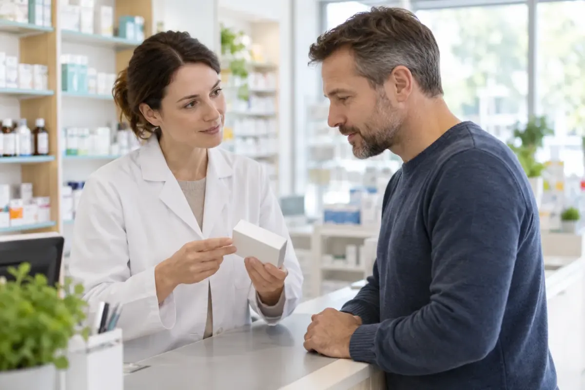 Apothekerin berät einen Mann zu möglichen Medikamenteneffekten
