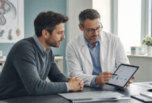 Androloge erklärt einem Patienten den Befund eines Spermiogramms