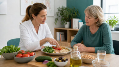 Ernährungsberaterin erklärt einer Patientin Tomaten und gelenkfreundliche Ernährung