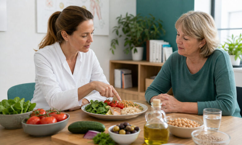 Ernährungsberaterin erklärt einer Patientin Tomaten und gelenkfreundliche Ernährung