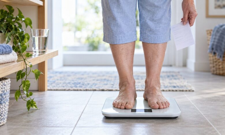 Person steht zu Hause auf einer Waage; Torasemid kann das Gewicht durch Wasserverlust verändern