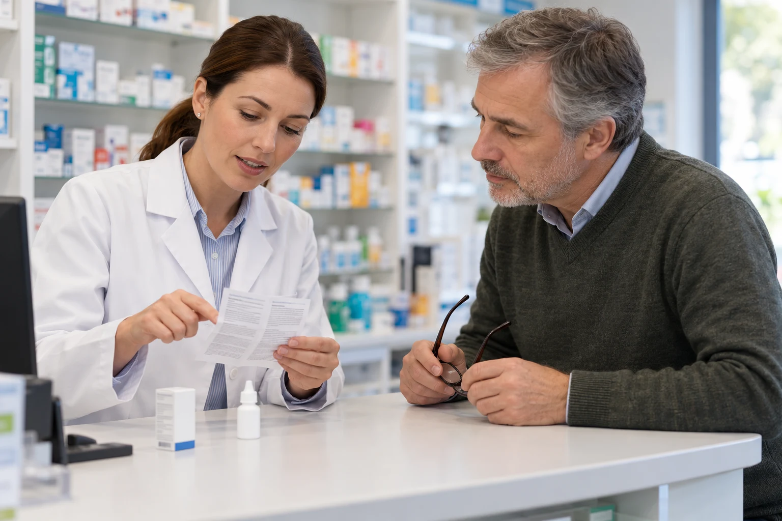 Apothekerin erklärt einem Kunden die Gebrauchsinformation von Augentropfen