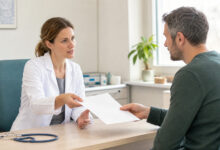Hausärztin übergibt einem Patienten eine Überweisung zum Facharzt