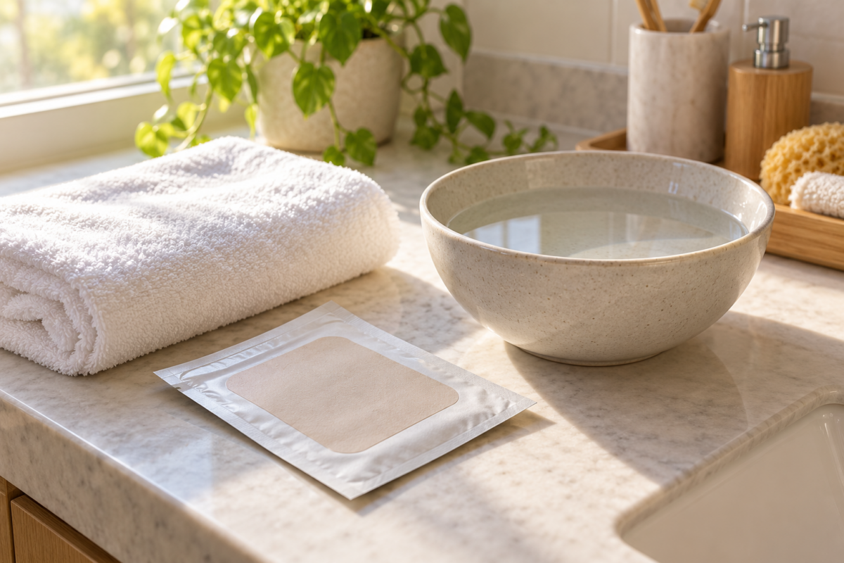 Handtuch, Pflaster und Wasserschale als Utensilien für eine schonende Pflege