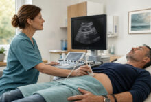 Gastroenterologin untersucht den Bauch eines Patienten mit Ultraschall
