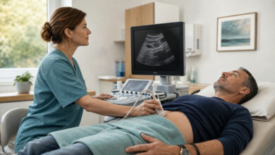 Gastroenterologin untersucht den Bauch eines Patienten mit Ultraschall