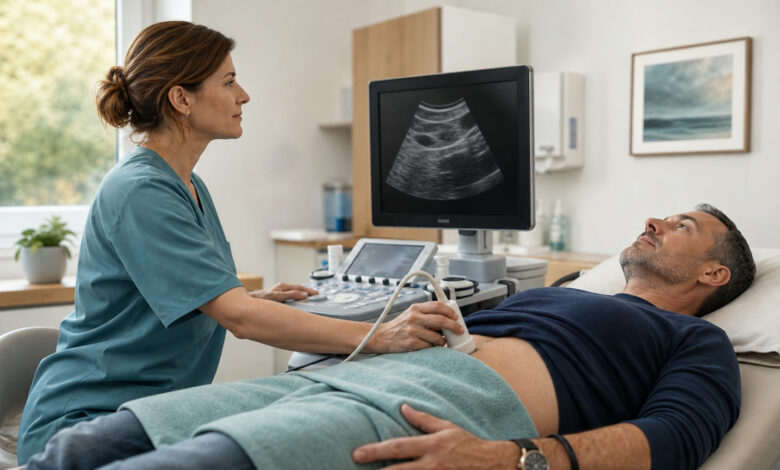 Gastroenterologin untersucht den Bauch eines Patienten mit Ultraschall