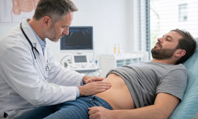 Arzt untersucht den rechten Unterbauch zur Lage des Blinddarms