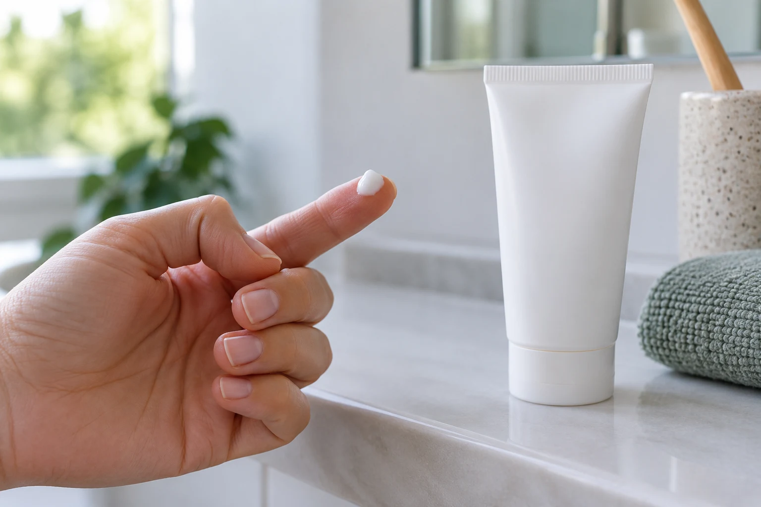 Kleine Menge weißer Salbe auf einer Fingerspitze